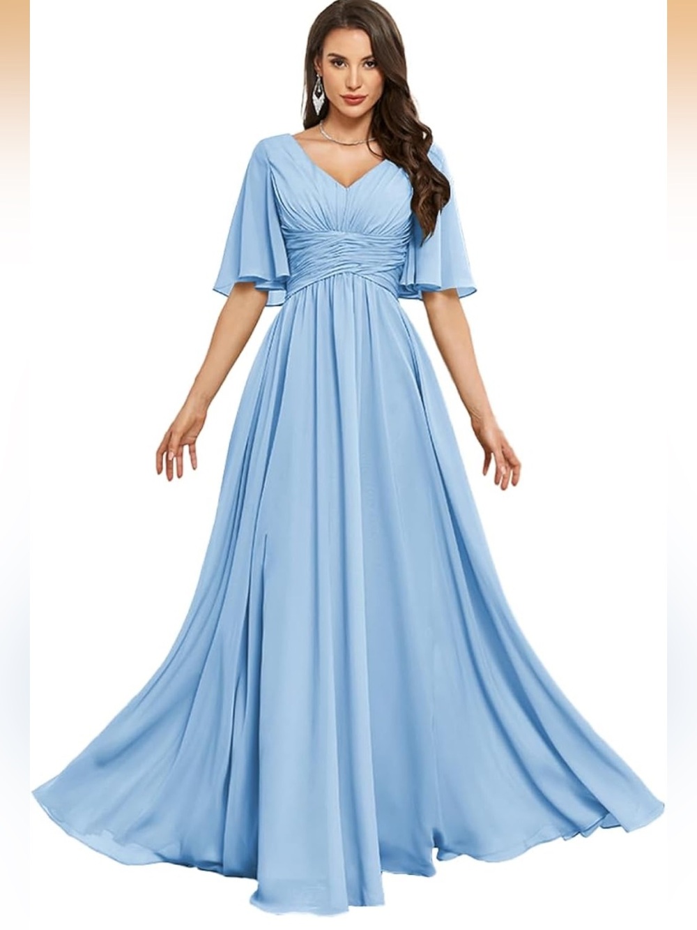 Pale Blue Ruched Waist V-Neck Maxi Dress with back corset lace up